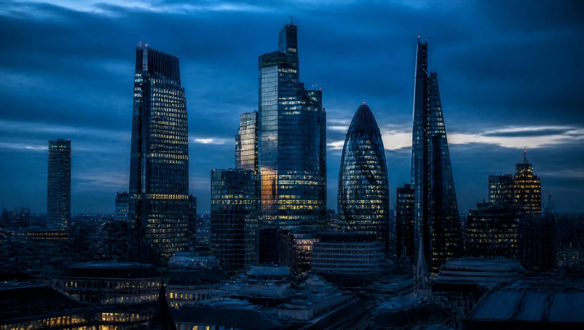 London financial district skyline at blue hour